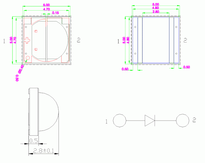SMD5050 5.0x5.0mm Green Color 520-530nm 120-150LM 120deg 3W Clear Lens Ceramic High Power SMD Diode 0
