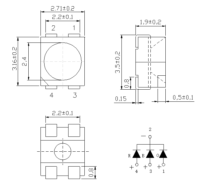 SMD3528 3.5mm X 2.8mm RGB LED Diode PCT Bracket 120deg 4pins Common Cathode Clear Lens 0