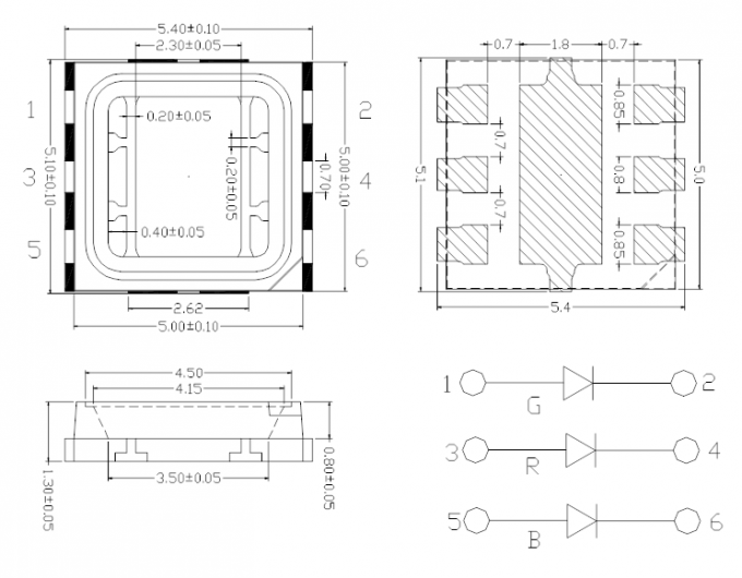 SMD5050 RGB LED Diode 5.0x5.0mm PCT Bracket 120deg 6pins Clear Lens 0.6W LED Chip 0
