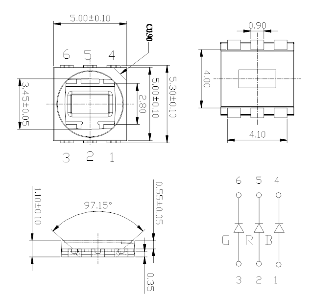 High Brightness 5050 RGB LED Diode 5.0x5.0mm PCT Bracket 120 Degree Beam Angle 6 Pin Clear Lens 0.2W SMD Chip 0