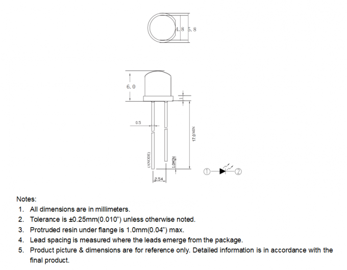 High Luminous Intensity 6mm Head Height F5 30deg Cool White Color 1W DIP 5mm LED Diode 0