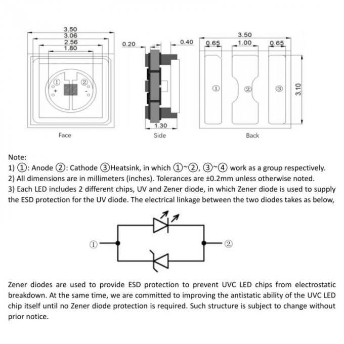 0.6W UVB 330nm 3535 SMD LED Ceramic Sealing High Radiant Power Water Clear Lens 120 Deg For Sterilization 0