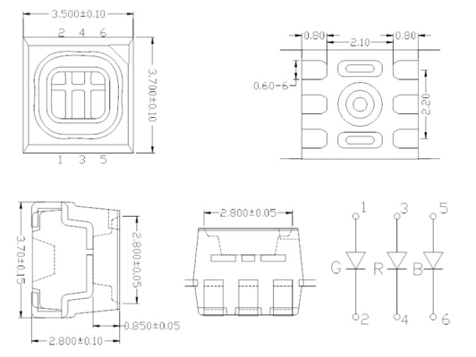 SMD3535 3.55mm X 3.5mm RGB LED Diode PCT Bracket 120deg 6pins Clear Lens SMD LED Diode