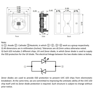 0.6W UVB 330nm 3535 SMD LED Ceramic Sealing High Radiant Power Water Clear Lens 120 Deg For Sterilization